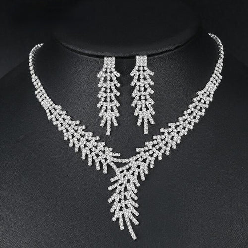 Leaf Branch Crystal Silver Rhinestone Necklace and Earring Sets