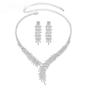 Leaf Branch Crystal Silver Rhinestone Necklace and Earring Sets