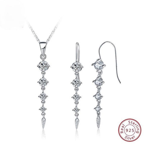 925 Sterling Silver Long Leaf Shape AAA Cubic Zircon Necklace & Earring Set