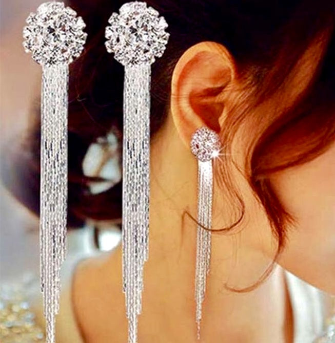 Fashion Crystal Long Rhinestone Tassel Earrings