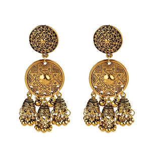 Ethnic Indian Jhumka Double Circle Earrings - Oxidized Gold/Silver