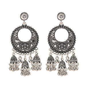 Ethnic Indian Full Moon Jhumka Earrings - Oxidized Gold/Silver