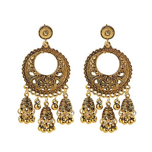 Ethnic Indian Full Moon Jhumka Earrings - Oxidized Gold/Silver
