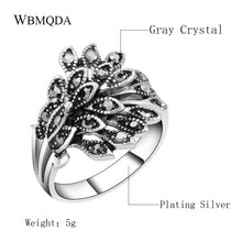 Load image into Gallery viewer, Vintage Black Crystal Peacock Silver Little Eyes Leaves Ring