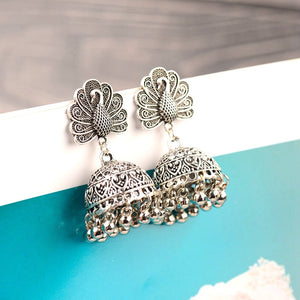 Ethnic Indian Gypsy Boho Jhumka Earrings Silver Peacock - 2 Colors