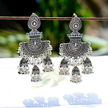 Load image into Gallery viewer, Ethnic Indian Jhumka Fan Earrings Oxidized Gold/Silver