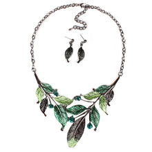 Load image into Gallery viewer, Peacock&#39;s Tail Crystal Choker Necklace Set - Enamel Flower