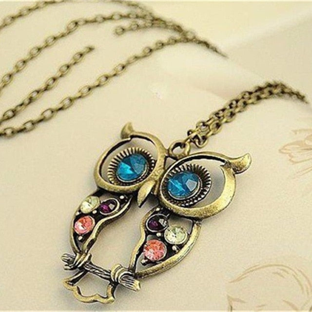 Hot Necklace Charms Blue Eye Crystal Owl Long Chain Necklace