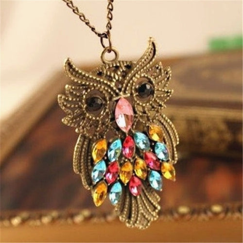 Hot Necklace Charms Multicolored Pink Crystal Owl Long Chain Necklace