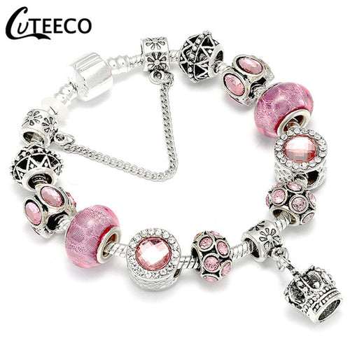 Crown Marcasite Hot Pink Silver Charms Bracelet In Different Lengths
