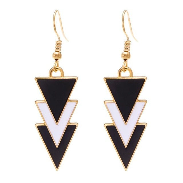 Multi-layer Triangle Dangle Black White Earrings