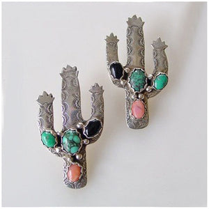 Cactus Native Tribal Drop Dangle Earrings -  Vintage Earrings