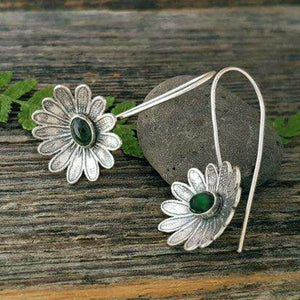 Boho Ethnic Flower Green Resin Stone Drop Dangle Earrings - Native Tribal Women Vintage Earrings