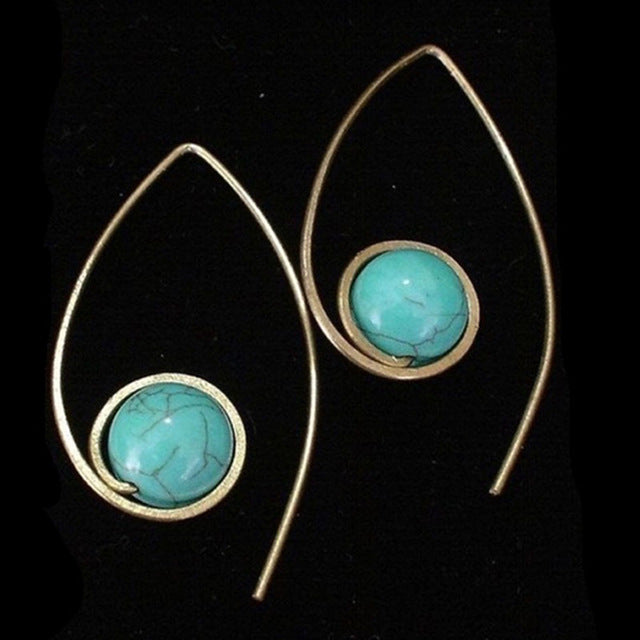 Ethnic Green Round Resin Stone Drop Dangle Earrings - Native Tribal Women Vintage Earrings
