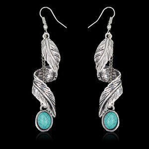 Silver Boho Ethnic Green Resin Stone Drop Dangle Earrings - Native Tribal Women Vintage Earrings