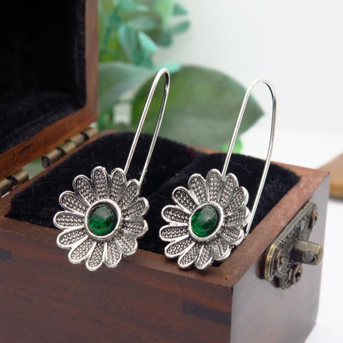 Boho Ethnic Flower Green Resin Stone Drop Dangle Earrings - Native Tribal Women Vintage Earrings