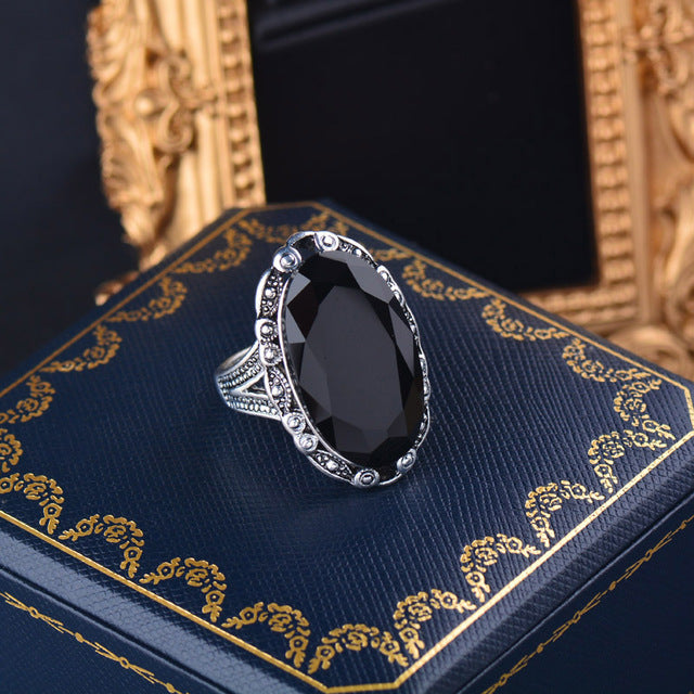 Black Oval Stone Rings Antique Gold/Silver Color