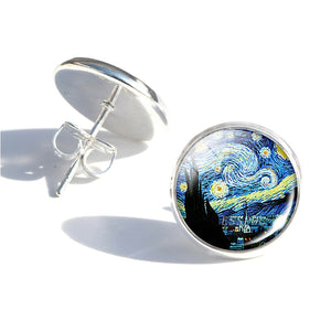 Van Gogh The Starry Night Art Glass Cabochon Silver Necklace Bracelet Earrings Set