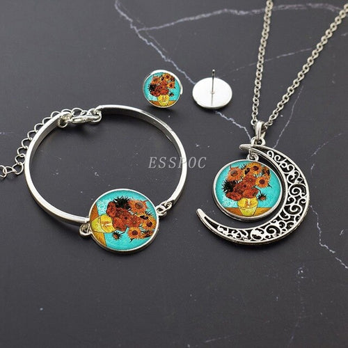 Van Gogh Vase Art Glass Cabochon Silver Necklace Bracelet Earrings Set