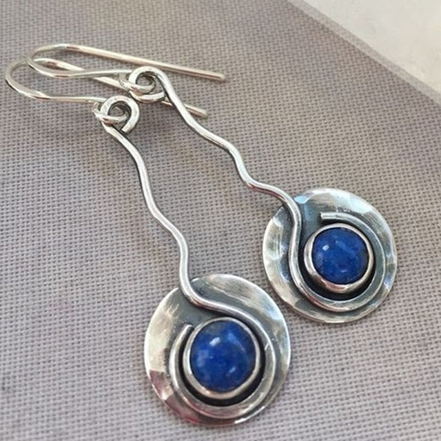 Boho Ethnic Navy Blue Circle Stone Drop Dangle Earrings - Native Tribal Women Vintage Earrings