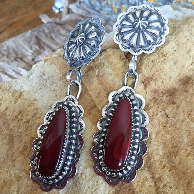 Boho Ethnic Red Stone Drop Dangle Earrings - Native Tribal Women Vintage Earrings