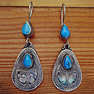 Boho Ethnic Navy Blue Stone Drop Dangle Earrings - Native Tribal Women Vintage Earrings