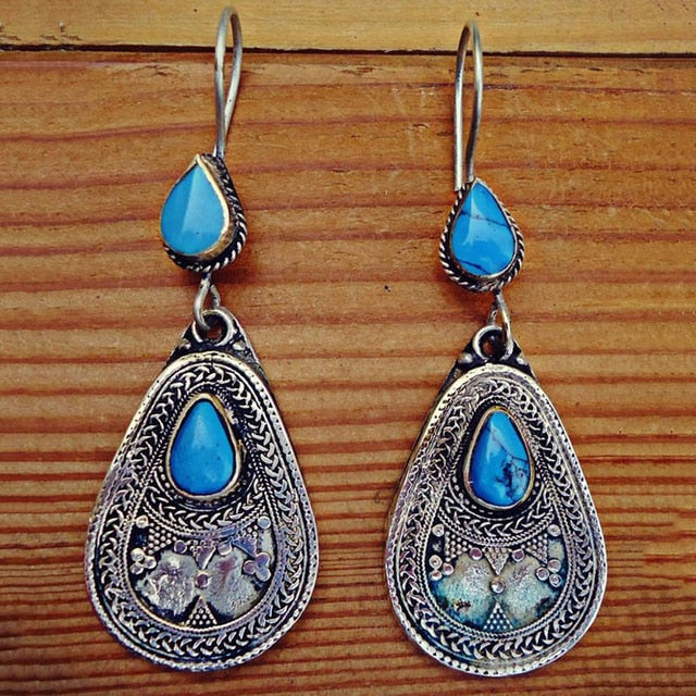 Boho Ethnic Navy Blue Stone Drop Dangle Earrings - Native Tribal Women Vintage Earrings