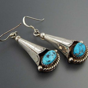 Boho Ethnic Cone Blue Stone Drop Dangle Earrings - Native Tribal Women Vintage Earrings