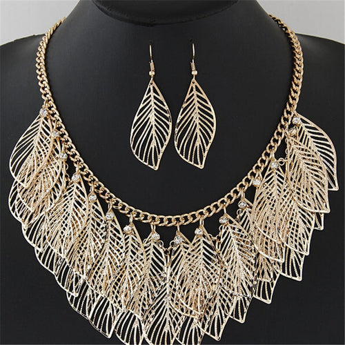 Romantic Bohemian Long Leaves Gold Necklace Set