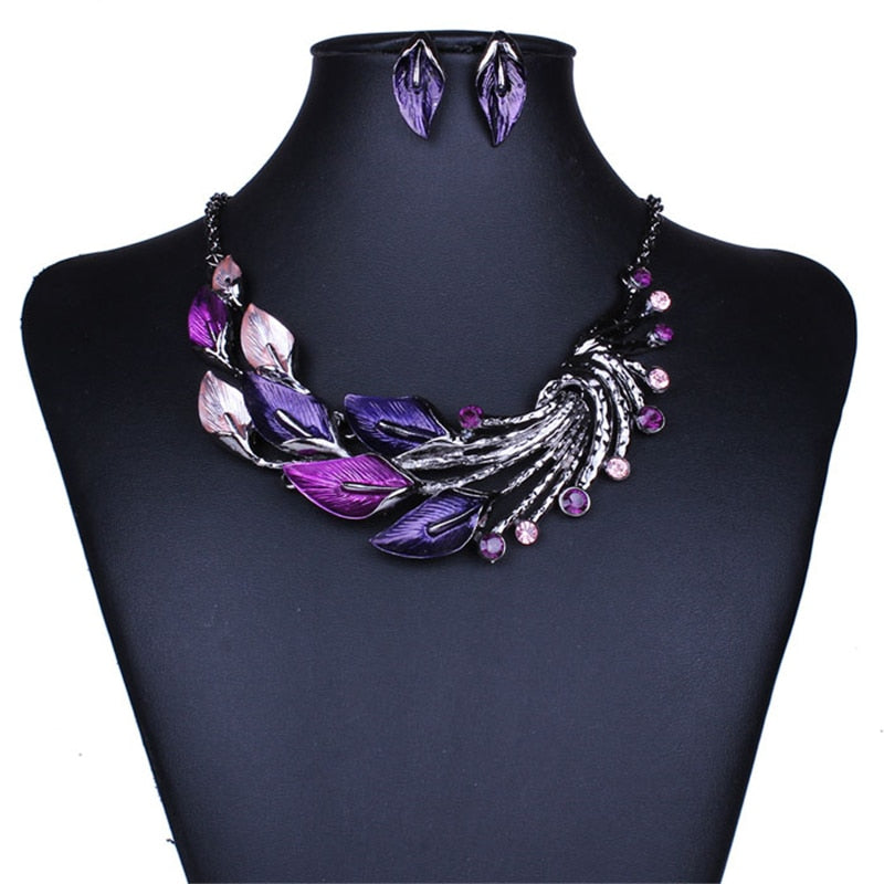 Purple Lady Peacock Boho Choker Necklace Set