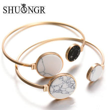 Load image into Gallery viewer, Gold Plated Black White Marble Stone Open Cuff Punk Bracelets - 4 Colors