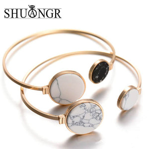 Gold Plated Black White Marble Stone Open Cuff Punk Bracelets - 4 Colors