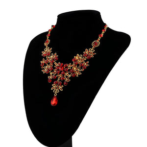 Crystal Rhinestone Choker Necklace Set - Red