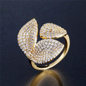 Cubic Zircon 3 Leaf Flower Ring - 3 Colors Adjustable