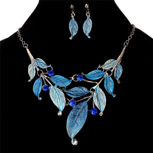 Peacock's Tail Crystal Choker Necklace Set - Enamel Flower