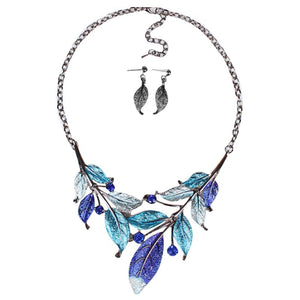 Peacock's Tail Crystal Choker Necklace Set - Enamel Flower