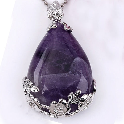 Natural Purple Amethysts Quartz Crystal Tear Drop Pendant Silver Plated