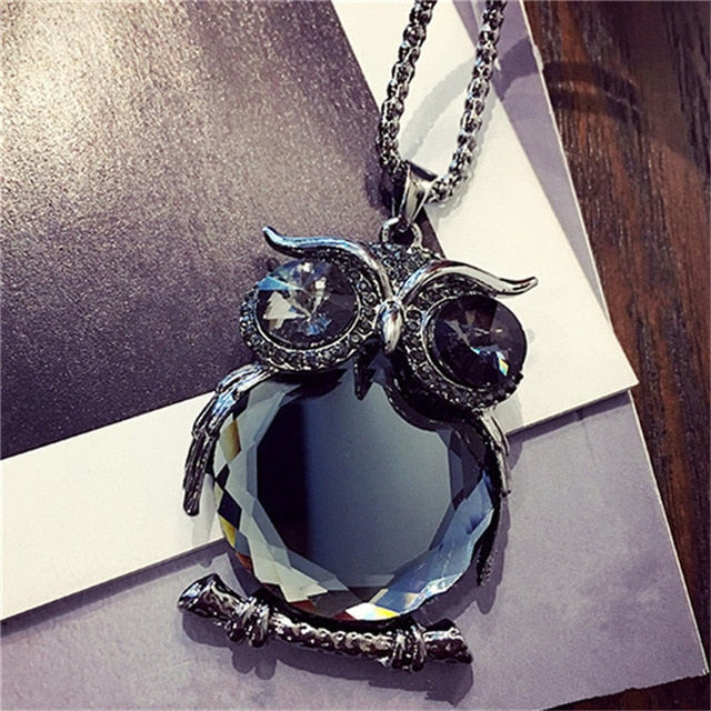 Hot Necklace Charms Black Eye Crystal Owl Long Chain Necklace