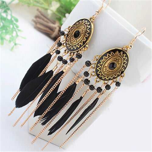 Long Tassel Feather Style Ethnic Boho Big Dangle Earrings