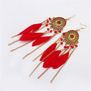 Long Tassel Feather Style Ethnic Boho Big Dangle Necklace Earrings - 2 Colors