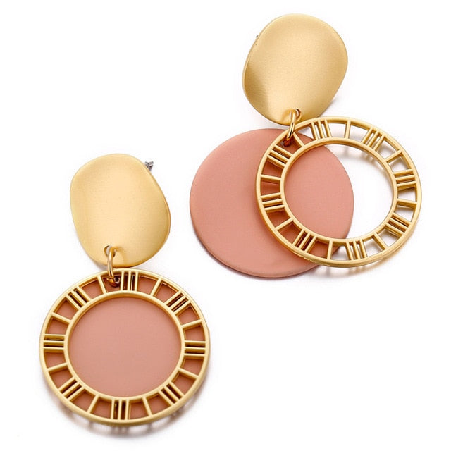 Geometric Dangle Earring Gold Pink Color - New Arrival