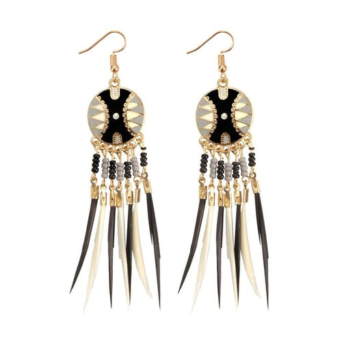 Long Tassel Feather Bee Style Ethnic Boho Big Dangle Earrings