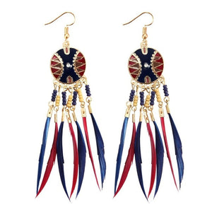 Long Tassel Feather Bee Style Ethnic Boho Big Dangle Earrings