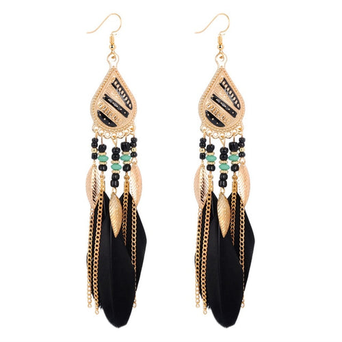 Long Tassel Feather Drop Style Ethnic Boho Big Dangle Earrings