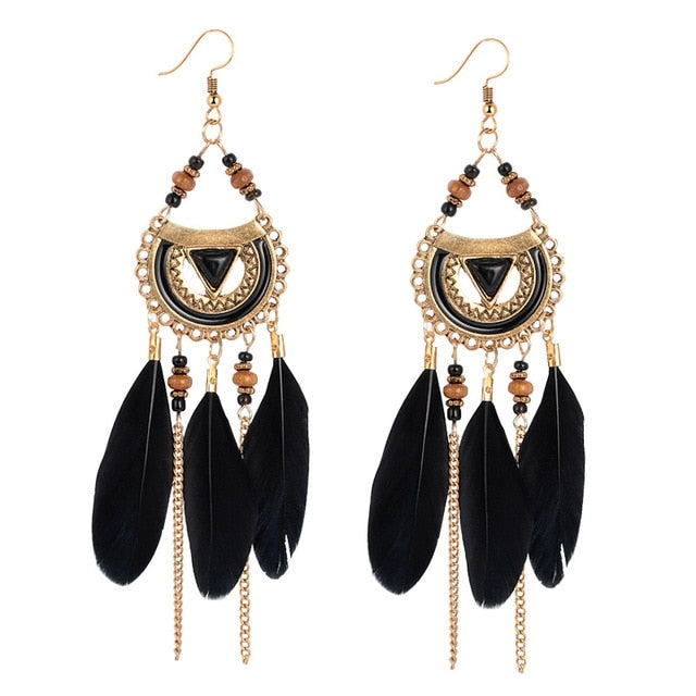 Long Tassel Feather Style Ethnic Boho Big Dangle Earrings - 4 Colors