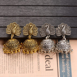 Ethnic Indian Gypsy Boho Jhumka Earrings Silver Peacock - 2 Colors