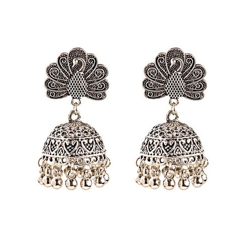 Ethnic Indian Gypsy Boho Jhumka Earrings Silver Peacock - 2 Colors