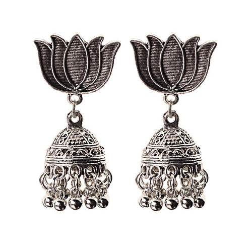 Ethnic Indian Gypsy Boho Jhumka Earrings Oxidized Gold/Silver Lotus