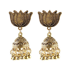 Ethnic Indian Gypsy Boho Jhumka Earrings Oxidized Gold/Silver Lotus
