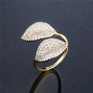 Cubic Zircon Two Leaf Flower Ring - 3 Colors Adjustable